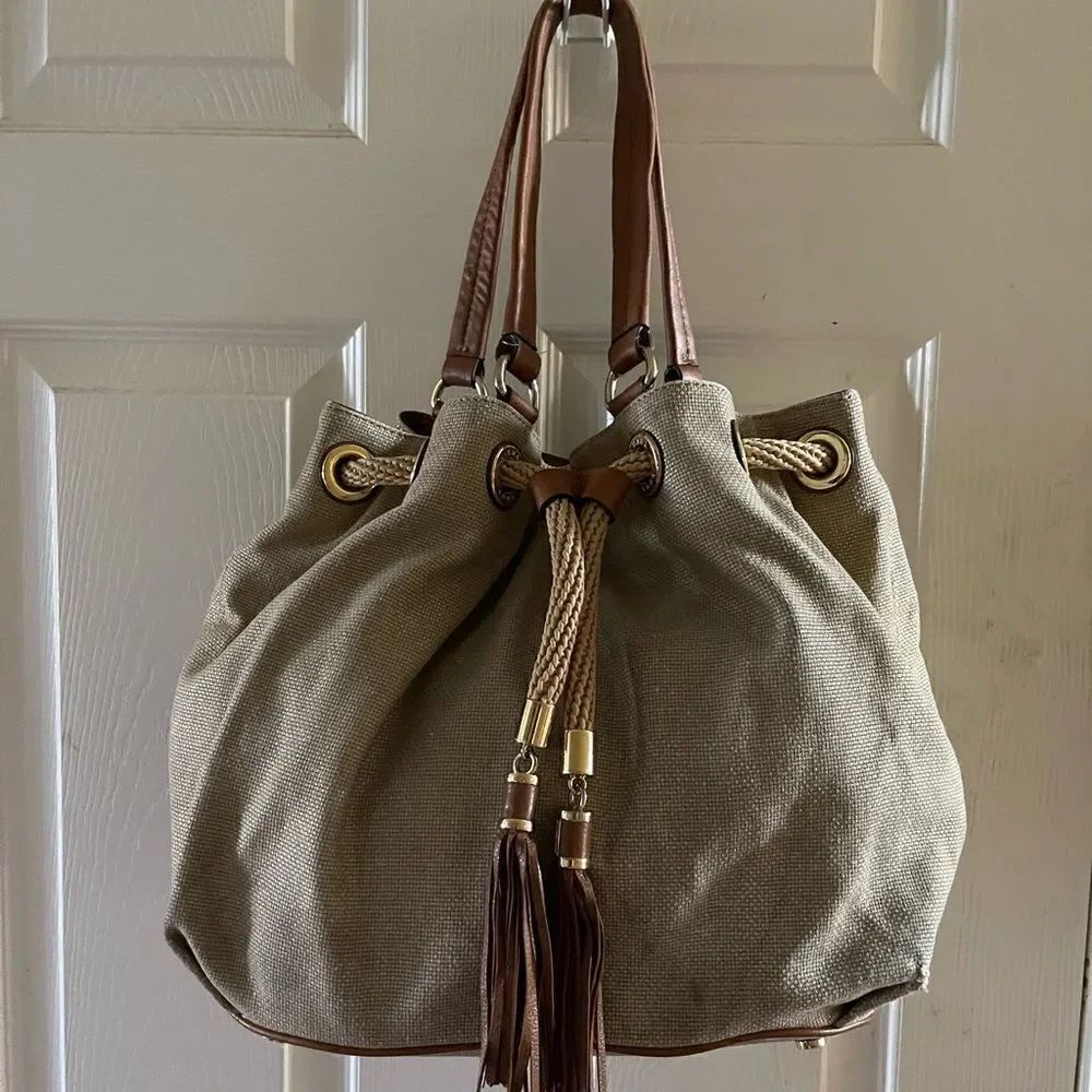 Michael Kors canvas faded gold shoulder bag Gold Threads Drawstring Rope Tassels